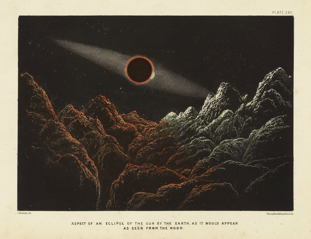 The Sun eclipsed by Earth, as imagined from the Moon in an 1874 engraving-style plate