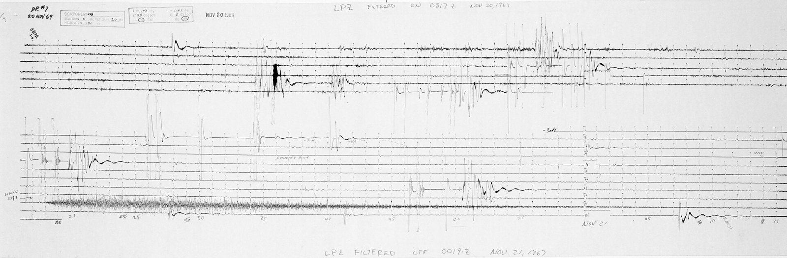 Strip-chart seismogram recorded on Earth from the Apollo 12 seismometer showing the lunar module ascent stage impact
